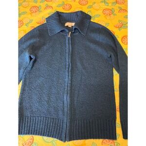 Emily Rose Full Zip Cardigan Sweater Womens Large Teal Blue Marl Ribbed Collar